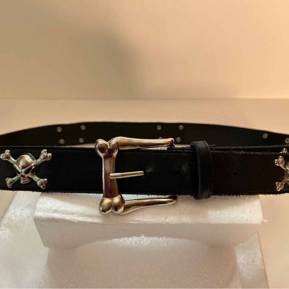 Silver Studded Black Belt with Skull Accents